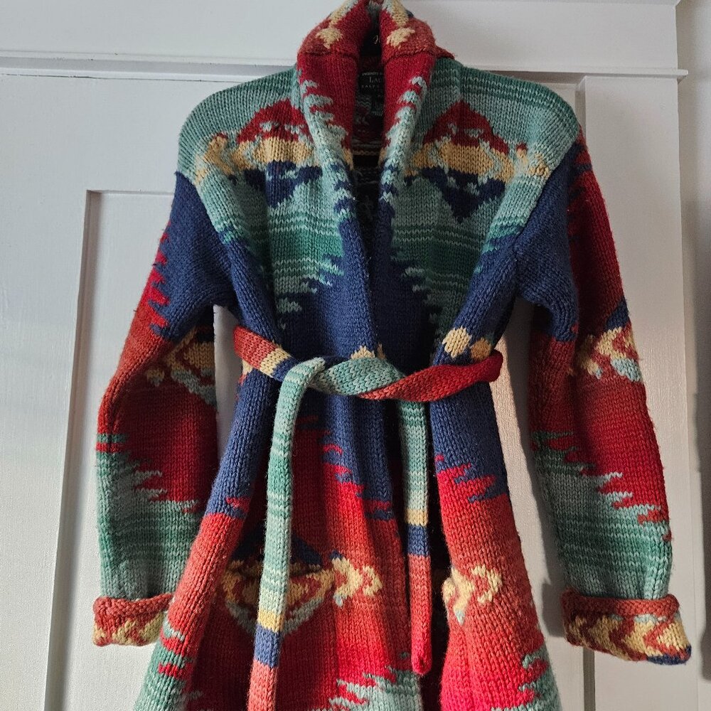 Ralph Lauren Hand Knit Cardigan Sweater Indian Blanket Wool Western Aztec PS